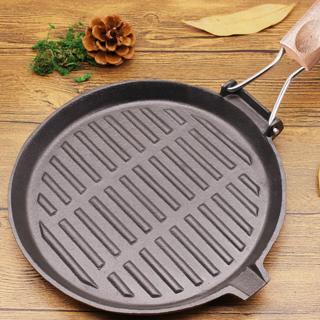 Cast Iron Steak Frying Pan Set Premium 2X 24cm Round Ribbed Grill Skillet with Folding Wooden Handle