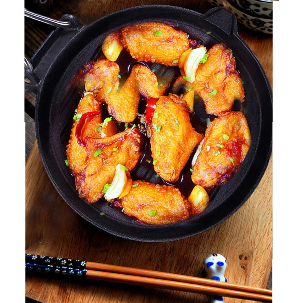 Cast Iron Steak Frying Pan Set Premium 2X 24cm Round Ribbed Grill Skillet with Folding Wooden Handle