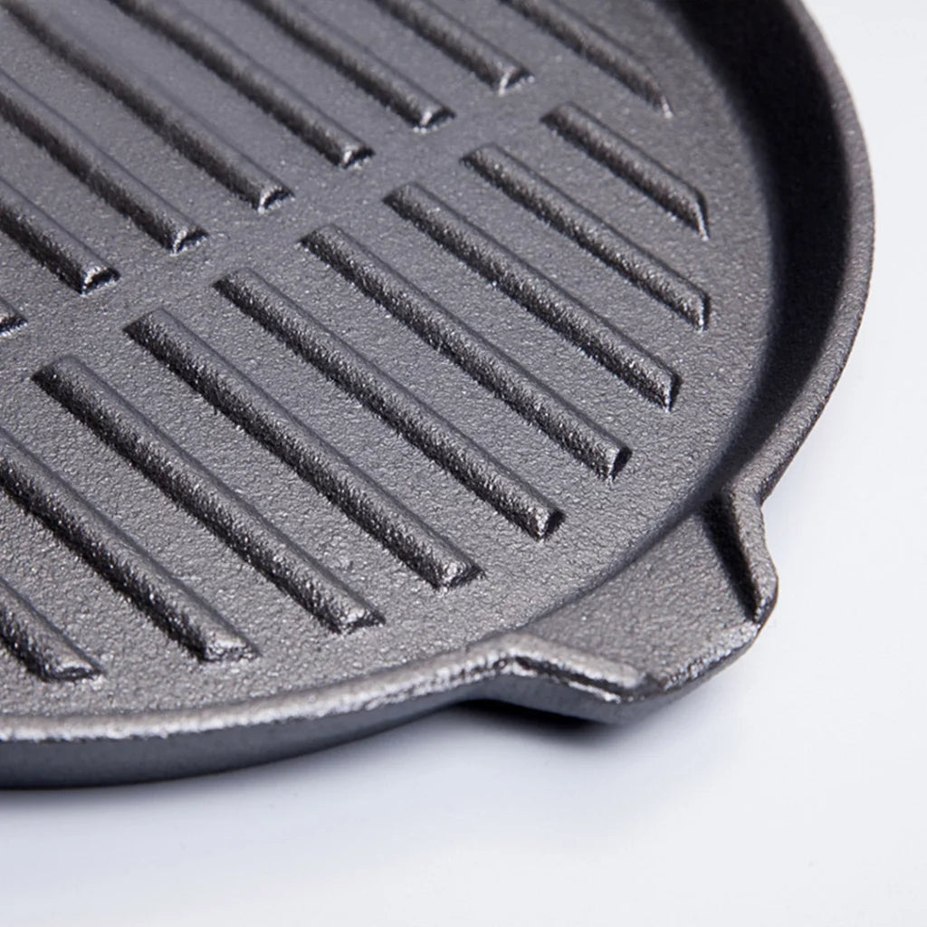 Cast Iron Steak Frying Pan Set Premium 2X 24cm Round Ribbed Grill Skillet with Folding Wooden Handle
