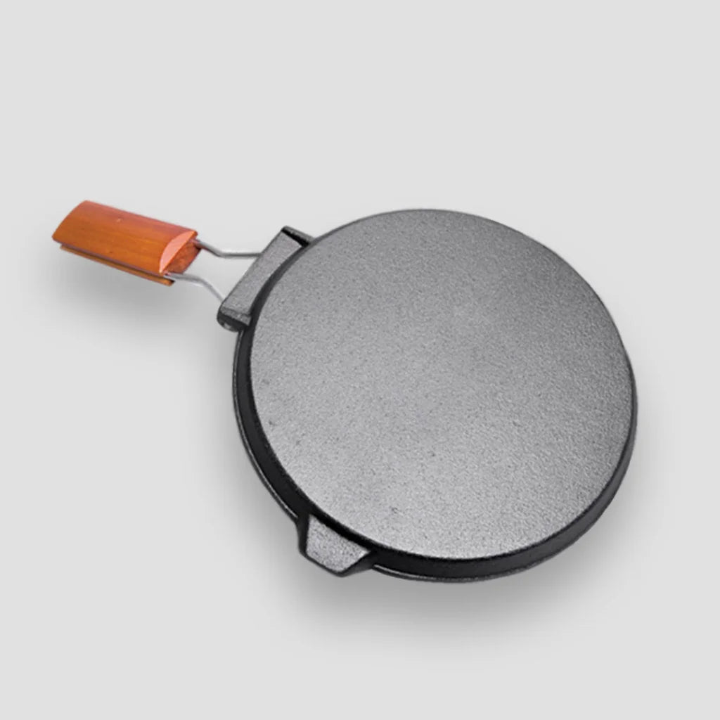Cast Iron Steak Frying Pan Set Premium 2X 24cm Round Ribbed Grill Skillet with Folding Wooden Handle