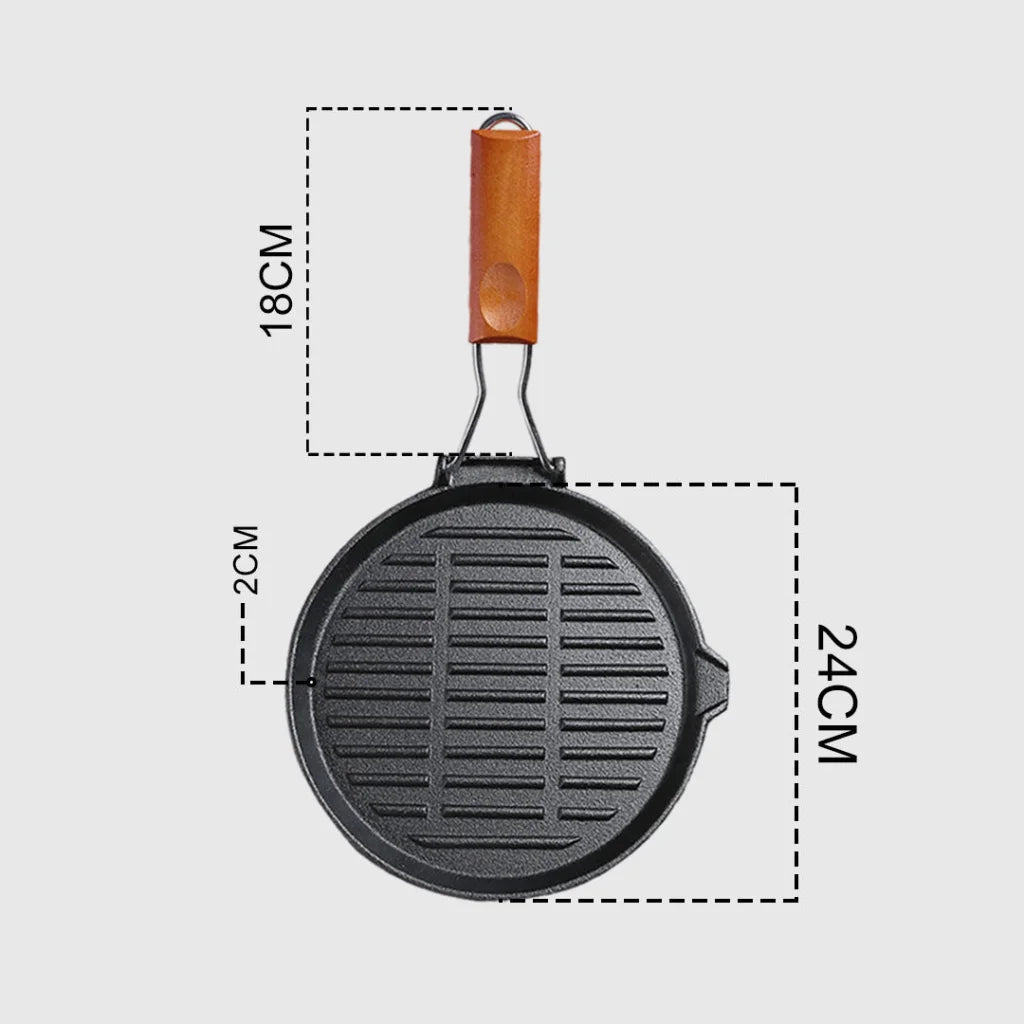 Cast Iron Steak Frying Pan Set Premium 2X 24cm Round Ribbed Grill Skillet with Folding Wooden Handle