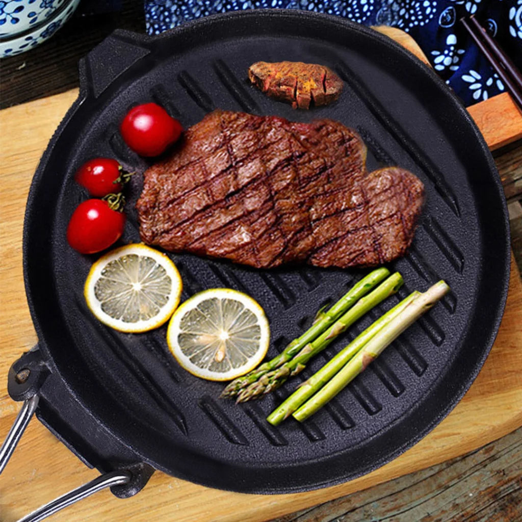 Cast Iron Steak Frying Pan Set Premium 2X 24cm Round Ribbed Grill Skillet with Folding Wooden Handle