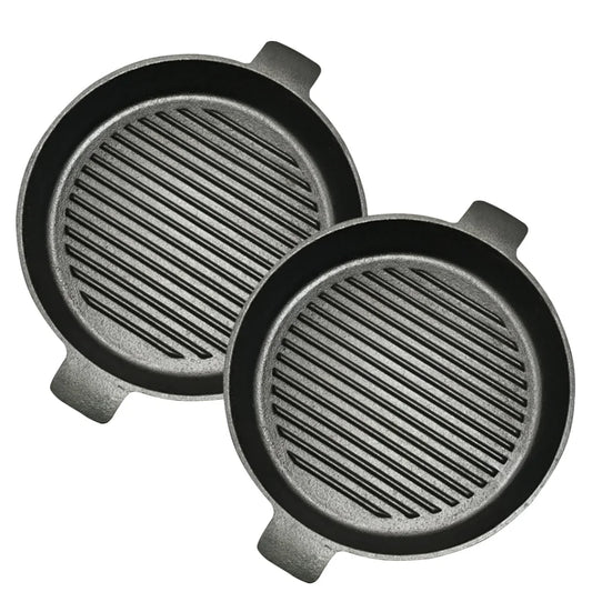 Cast Iron Steak Frying Pan Set Premium 2X 25cm Round Ribbed Skillet Sizzle Platter with Handle