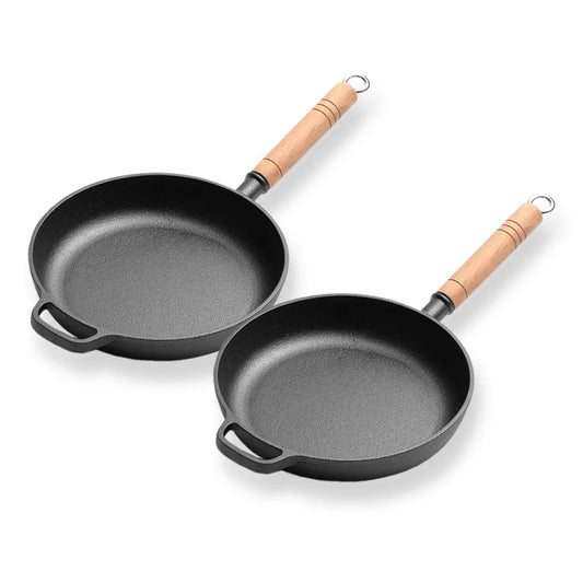 Cast Iron Steak Frying Pan Set Premium 2X 25cm Round Skillet Sizzle Platter with Helper Handle