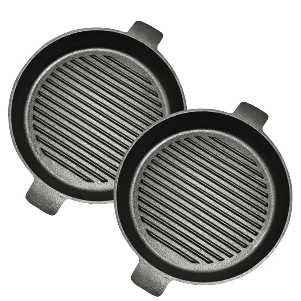 Cast Iron Steak Frying Pan Set Premium 2X 26cm Round Ribbed Skillet Sizzle Platter with Handle