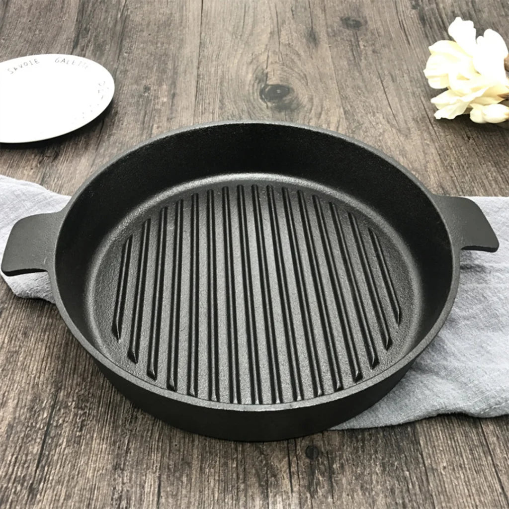 Cast Iron Steak Frying Pan Set Premium 2X 26cm Round Ribbed Skillet Sizzle Platter with Handle