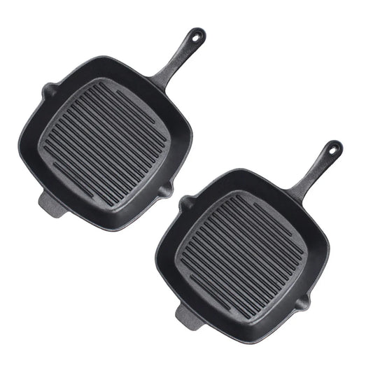 Cast Iron Steak Frying Pan Set Premium 2X 26cm Square Ribbed Skillet Sizzle Platter with Handle