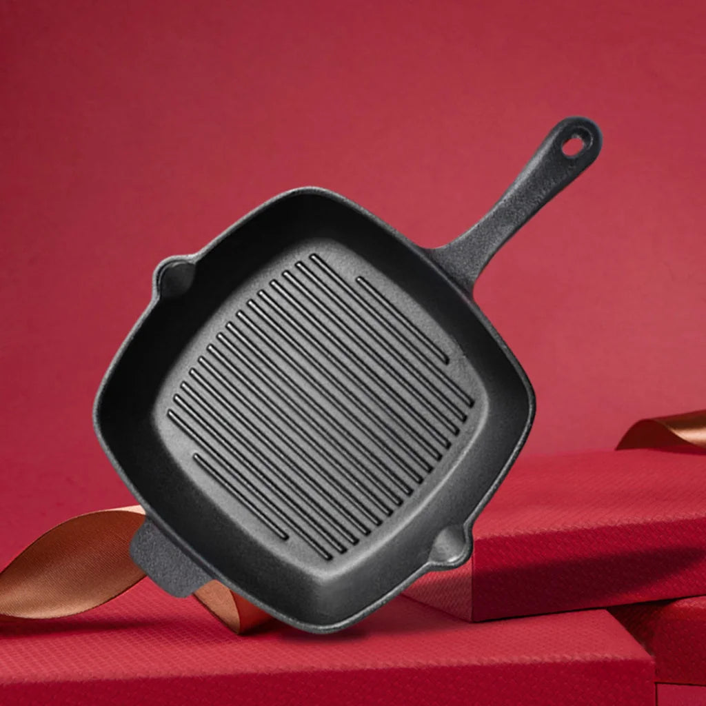 Cast Iron Steak Frying Pan Set Premium 2X 26cm Square Ribbed Skillet Sizzle Platter with Handle