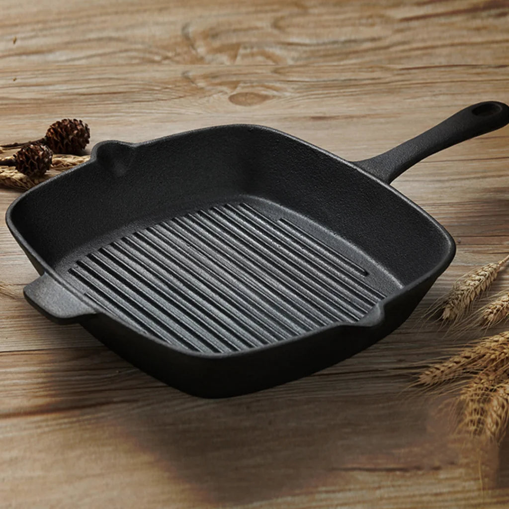 Cast Iron Steak Frying Pan Set Premium 2X 26cm Square Ribbed Skillet Sizzle Platter with Handle