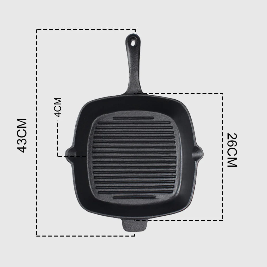 Cast Iron Steak Frying Pan Set Premium 2X 26cm Square Ribbed Skillet Sizzle Platter with Handle