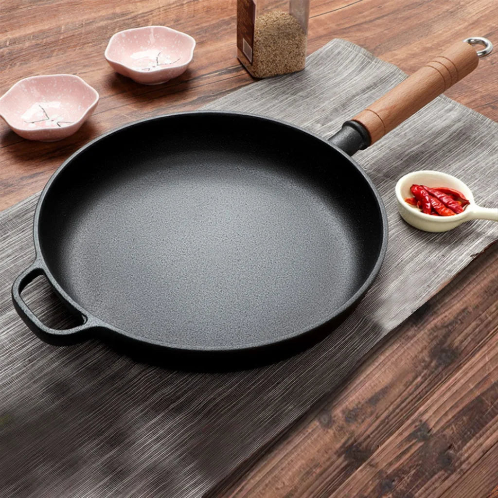 Cast Iron Steak Frying Pan Set Premium 2X 27cm Round Skillet Sizzle Platter with Helper Handle