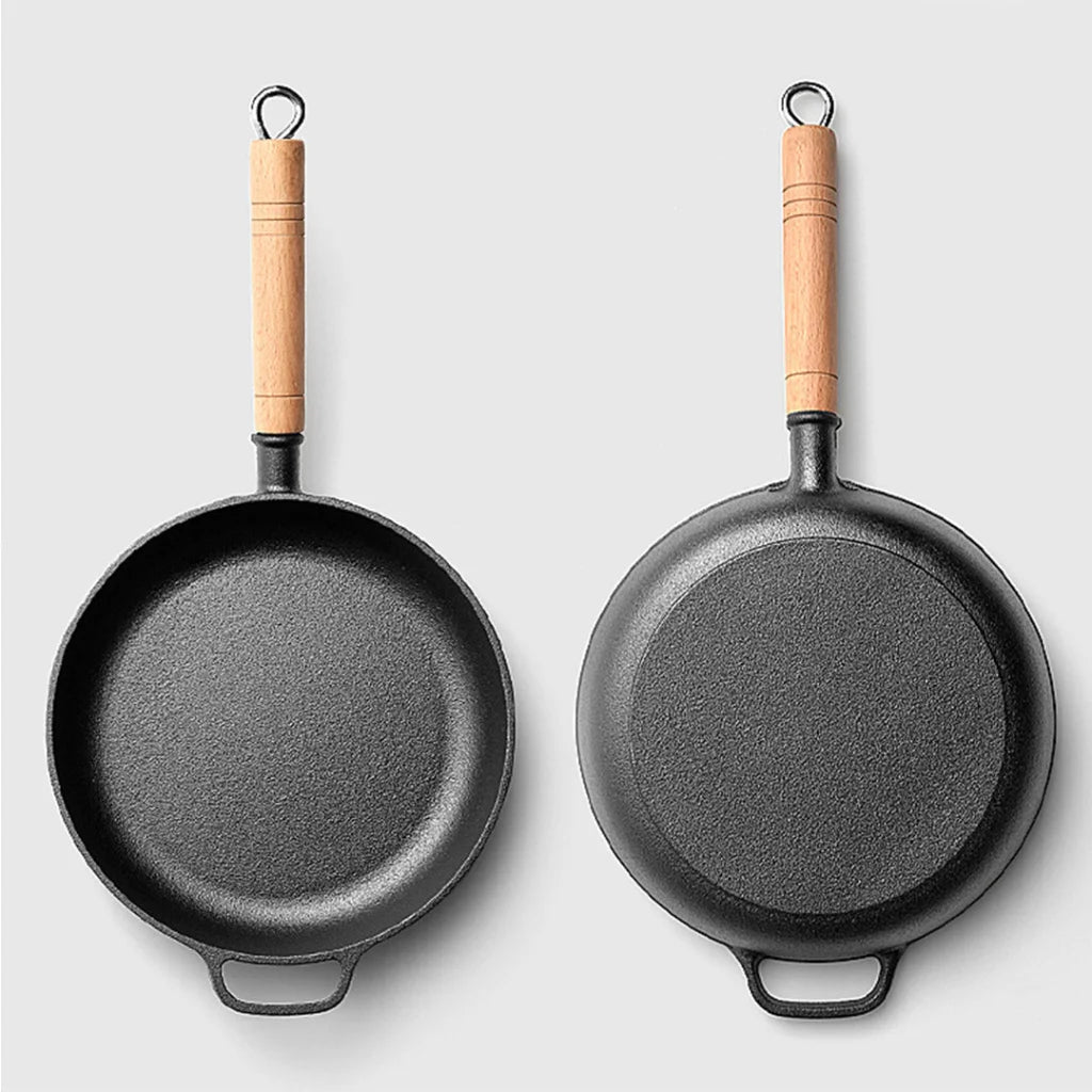 Cast Iron Steak Frying Pan Set Premium 2X 27cm Round Skillet Sizzle Platter with Helper Handle