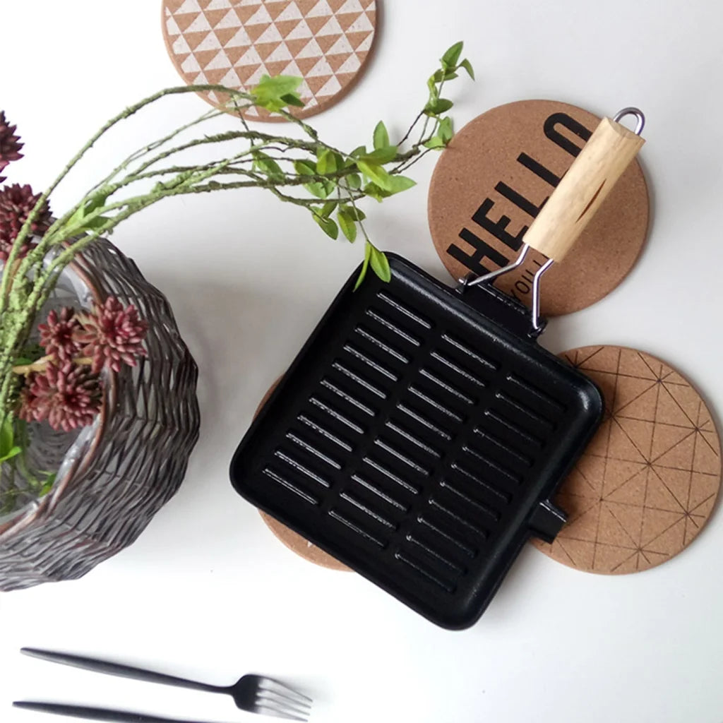 Cast Iron Steak Frying Pan Set Premium 2X 28cm Ribbed Square Grill Skillet with Folding Wooden Handle