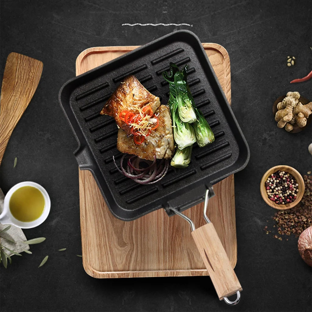 Cast Iron Steak Frying Pan Set Premium 2X 28cm Ribbed Square Grill Skillet with Folding Wooden Handle