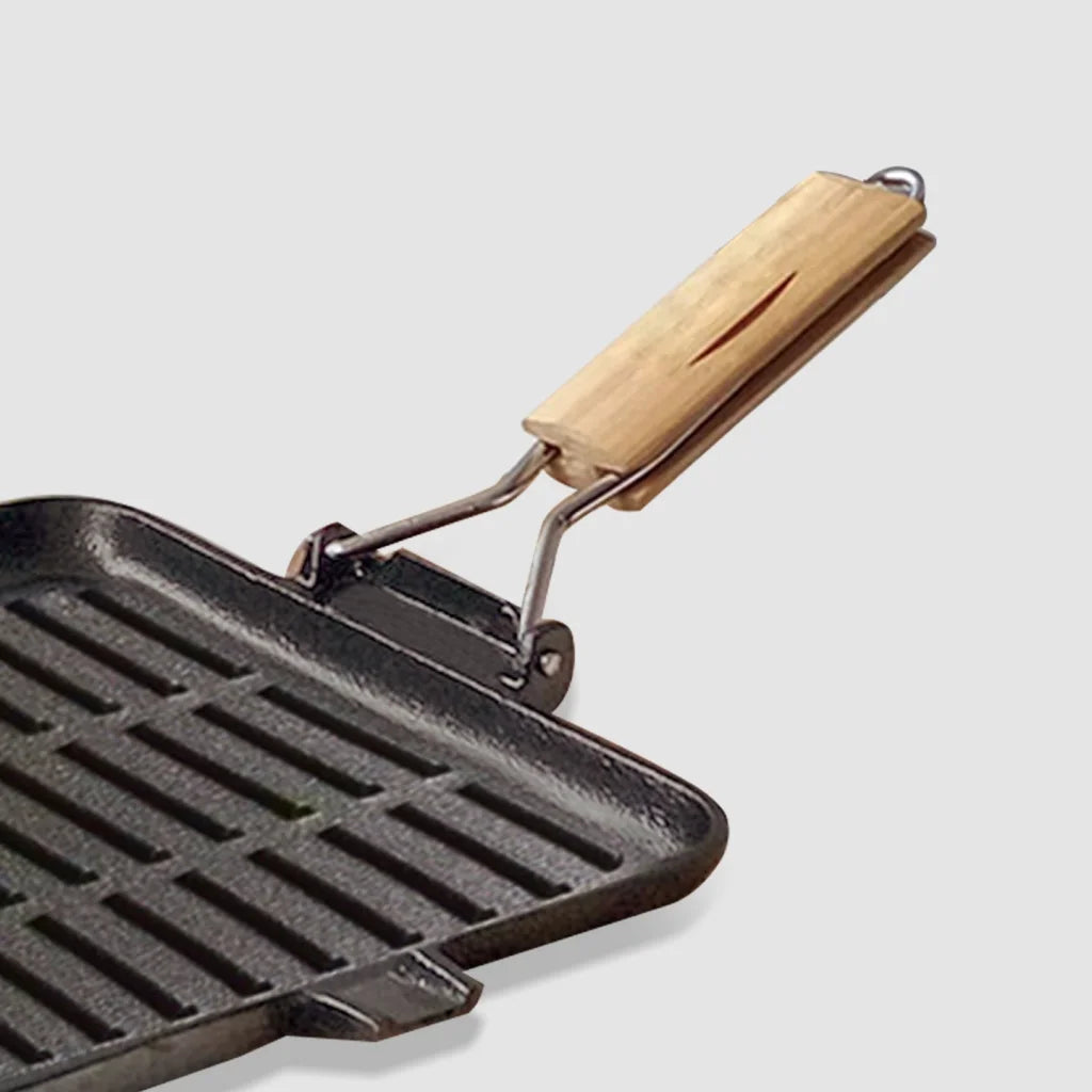Cast Iron Steak Frying Pan Set Premium 2X 28cm Ribbed Square Grill Skillet with Folding Wooden Handle