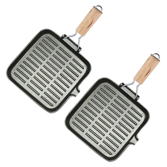 Cast Iron Steak Frying Pan Set Premium 2X 28cm Ribbed Square Grill Skillet with Folding Wooden Handle