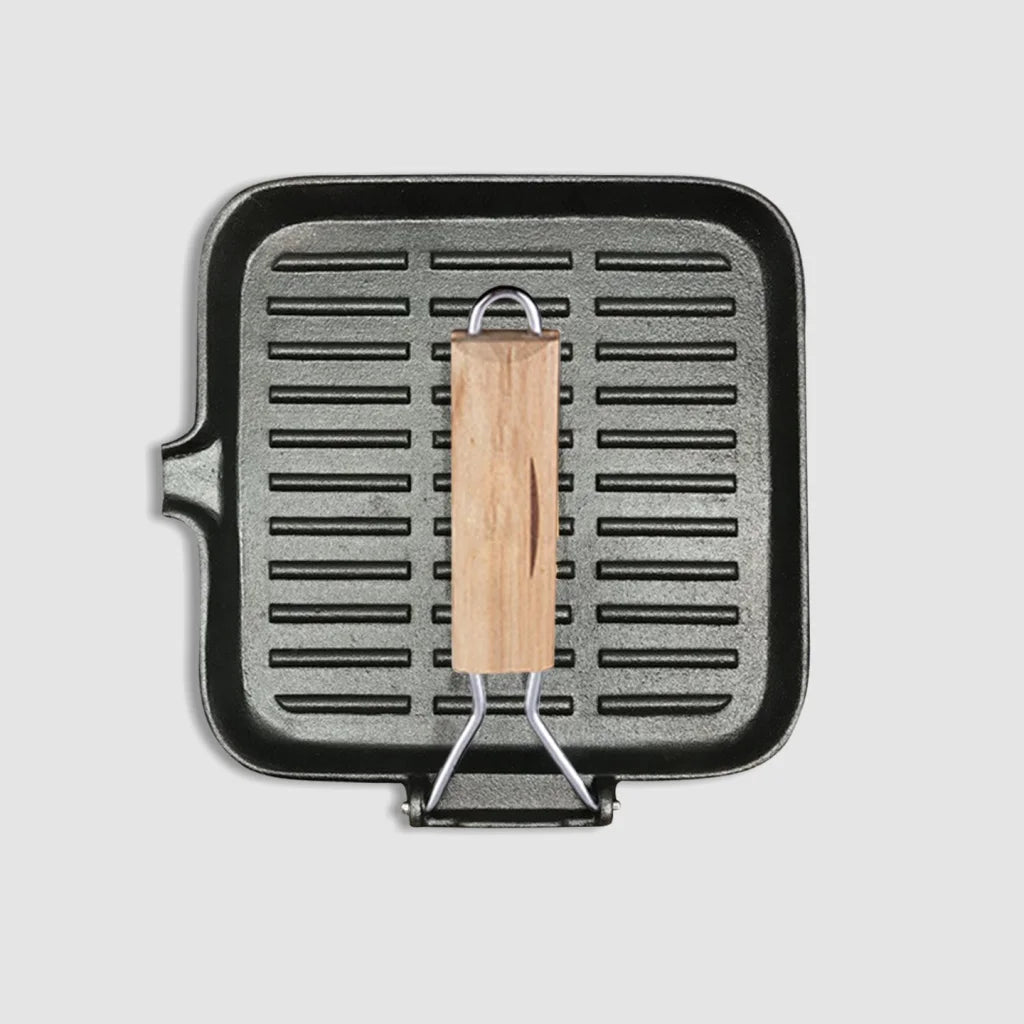 Cast Iron Steak Frying Pan Set Premium 2X 28cm Ribbed Square Grill Skillet with Folding Wooden Handle