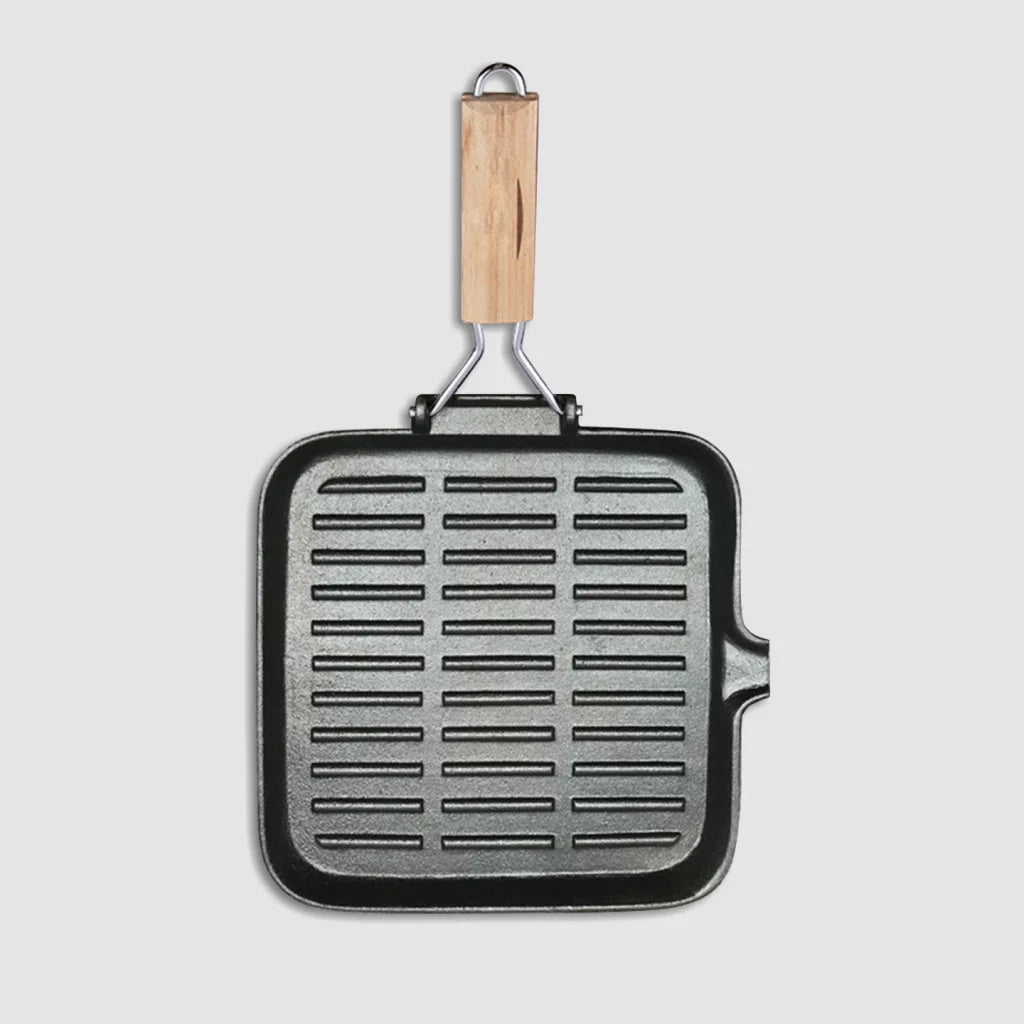 Cast Iron Steak Frying Pan Set Premium 2X 28cm Ribbed Square Grill Skillet with Folding Wooden Handle