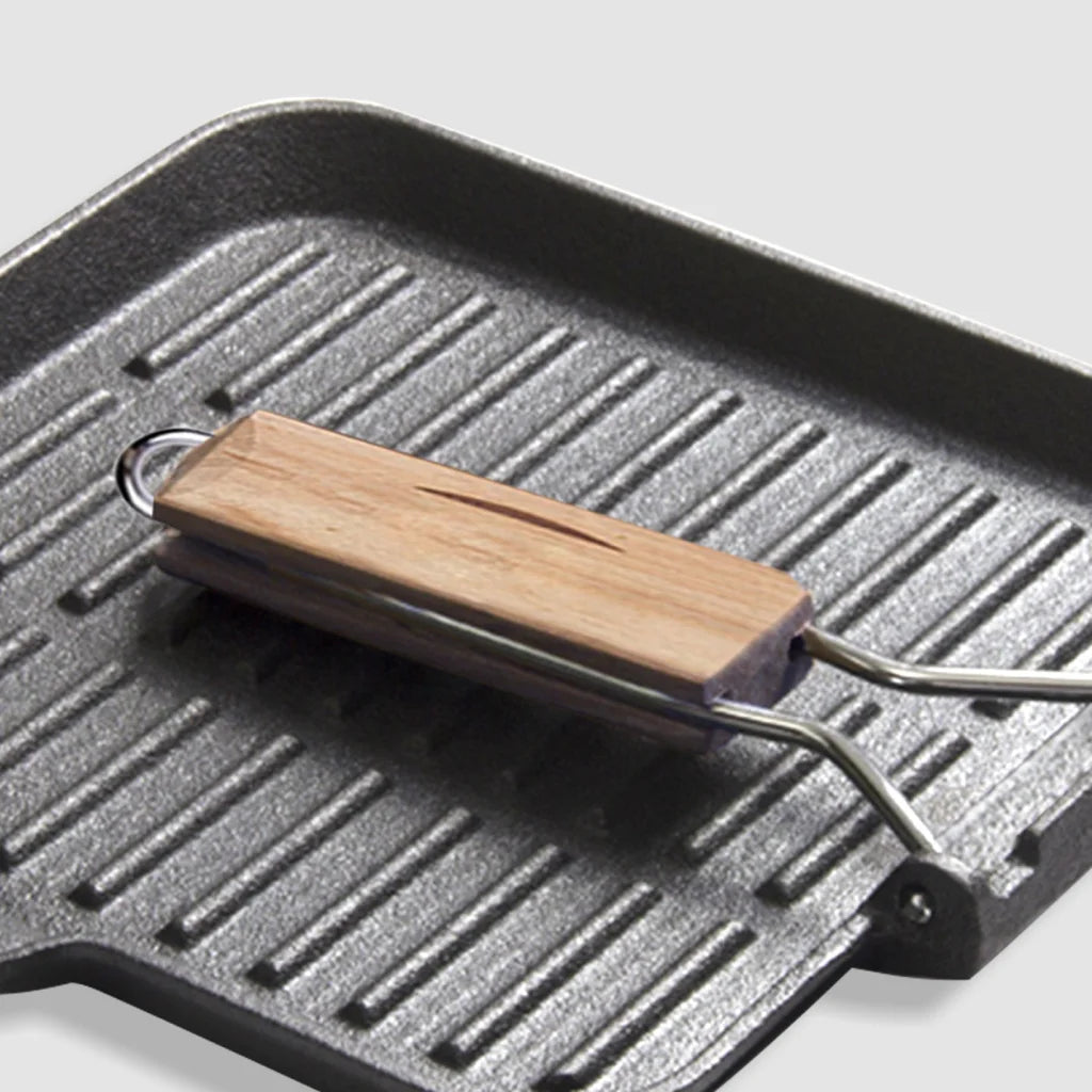 Cast Iron Steak Frying Pan Set Premium 2X 28cm Ribbed Square Grill Skillet with Folding Wooden Handle