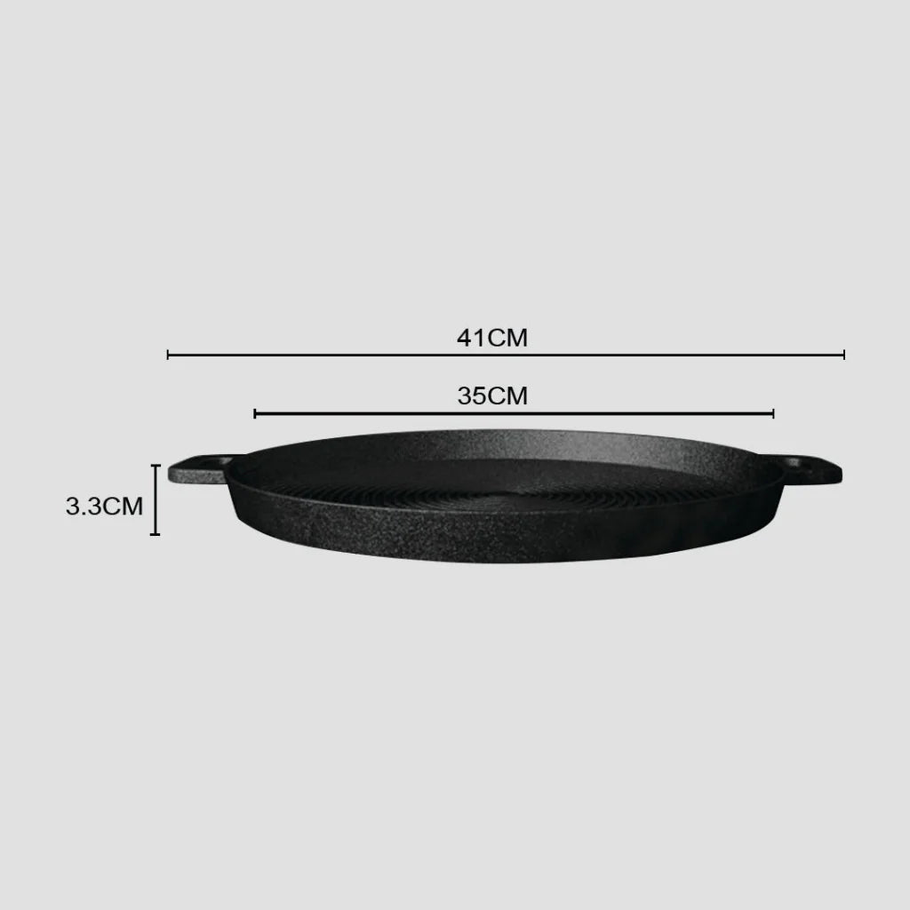 Cast Iron Steak Frying Pan Set Premium 2X 35cm Round Ribbed Skillet Sizzle Platter with Handle