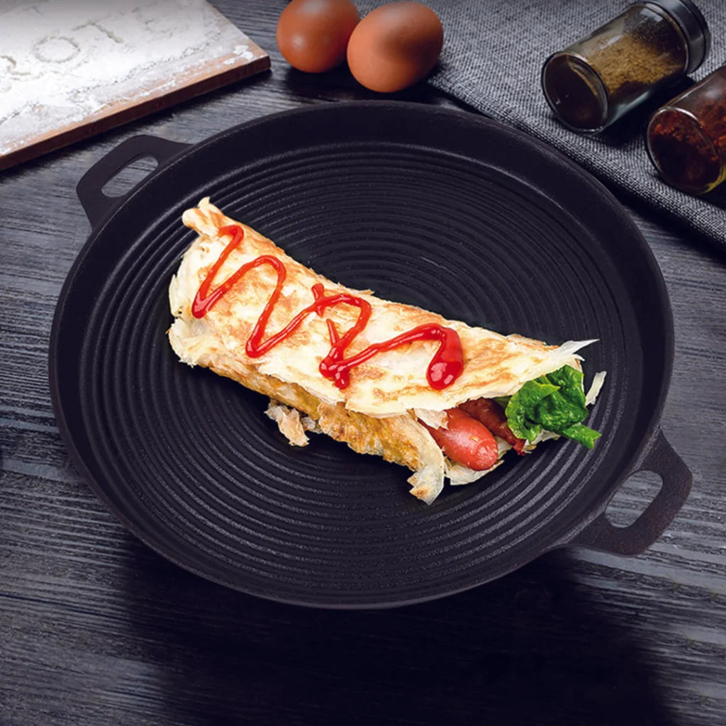 Cast Iron Steak Frying Pan Set Premium 2X 35cm Round Ribbed Skillet Sizzle Platter with Handle