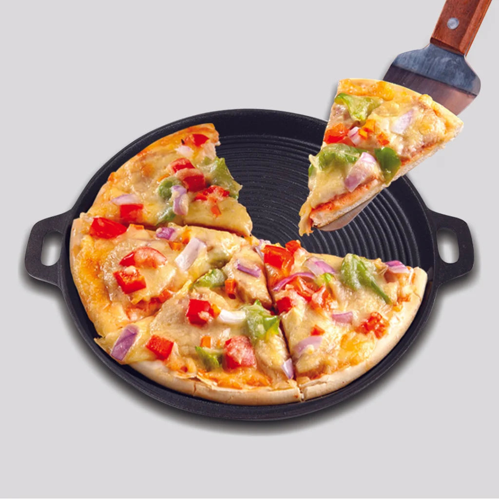 Cast Iron Steak Frying Pan Set Premium 2X 35cm Round Ribbed Skillet Sizzle Platter with Handle