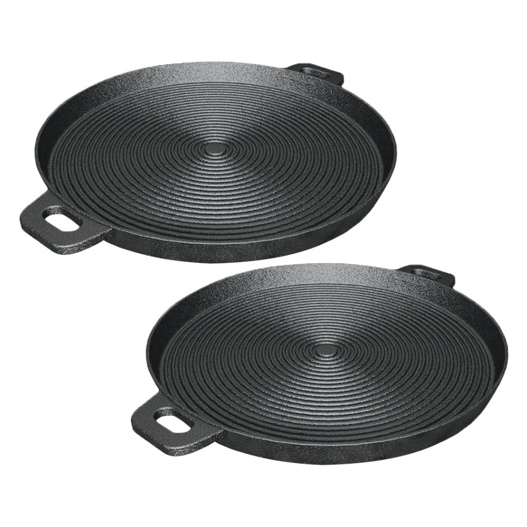Cast Iron Steak Frying Pan Set Premium 2X 35cm Round Ribbed Skillet Sizzle Platter with Handle