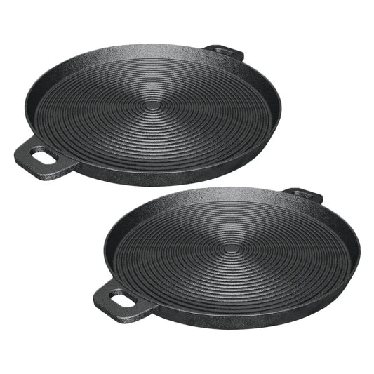 Cast Iron Steak Frying Pan Set Premium 2X 35cm Round Ribbed Skillet Sizzle Platter with Handle