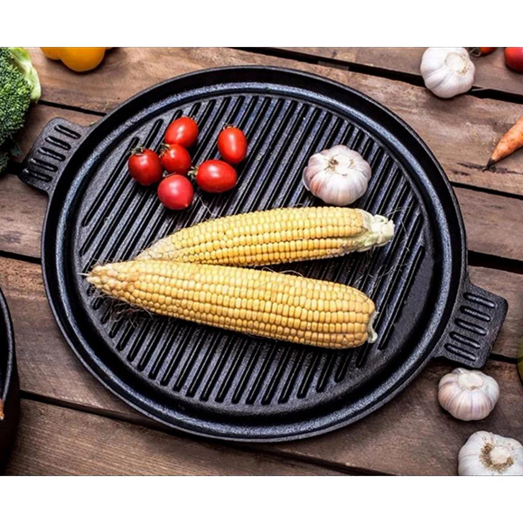 Cast Iron Steak Frying Pan Set Premium 2X 43cm Round Ribbed Skillet Sizzle Platter with Handle