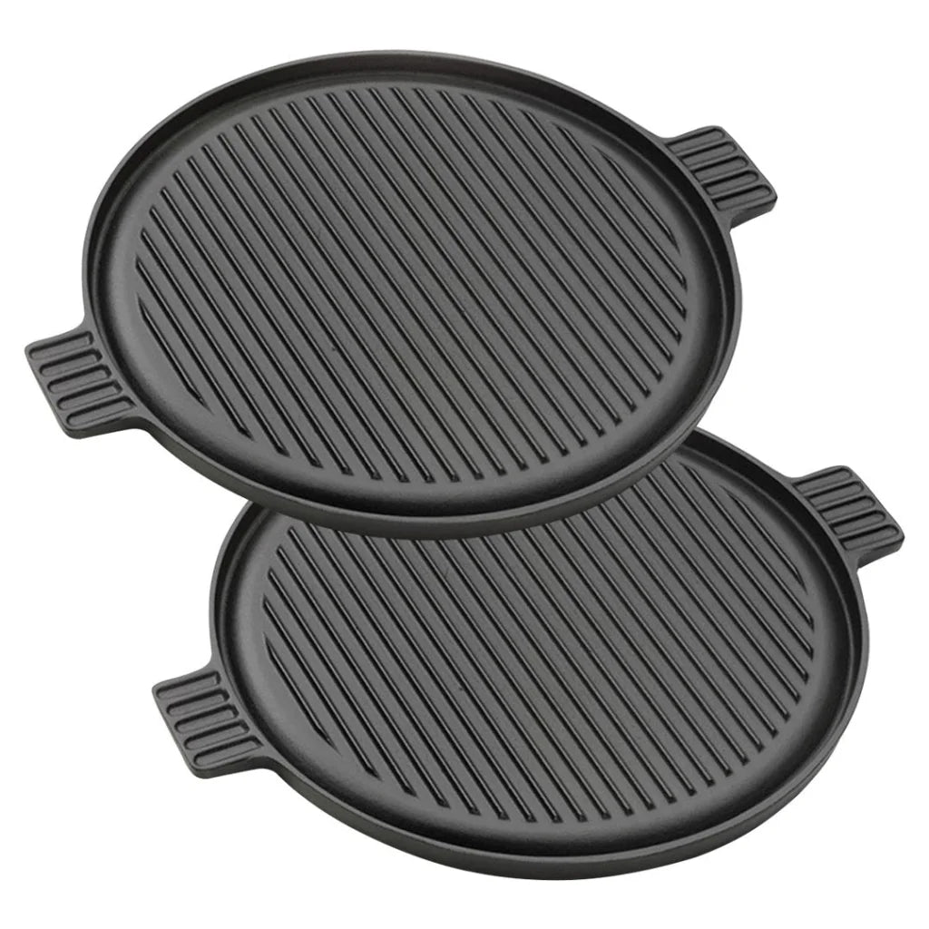 Cast Iron Steak Frying Pan Set Premium 2X 43cm Round Ribbed Skillet Sizzle Platter with Handle