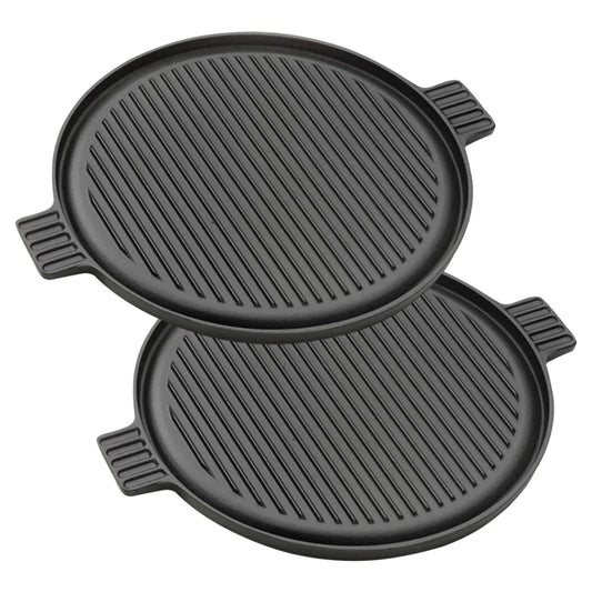 Cast Iron Steak Frying Pan Set Premium 2X 43cm Round Ribbed Skillet Sizzle Platter with Handle