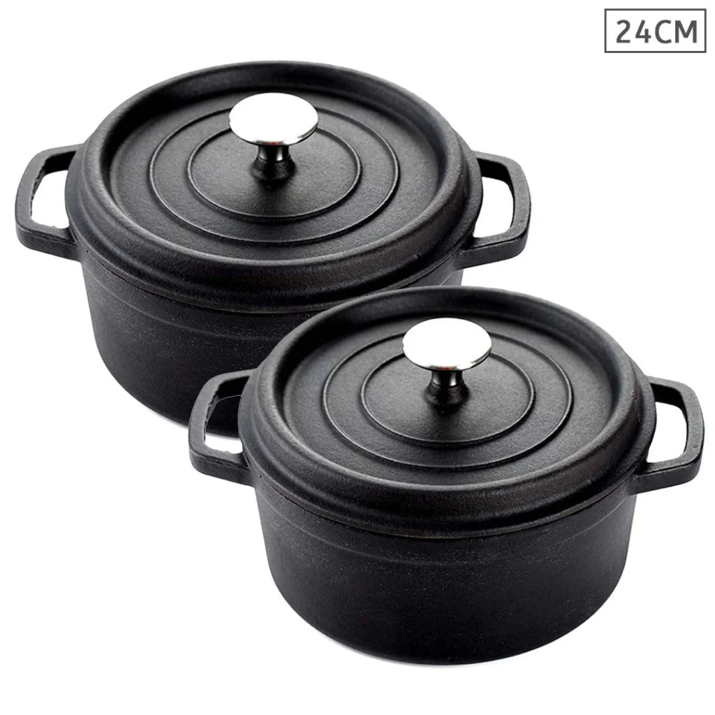 Cast Iron Stewpot Casserole Set Premium 2X 24cm Cooking Pot with Lid - Black