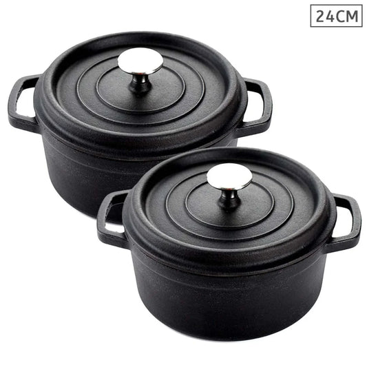Cast Iron Stewpot Casserole Set Premium 2X 24cm Cooking Pot with Lid - Black