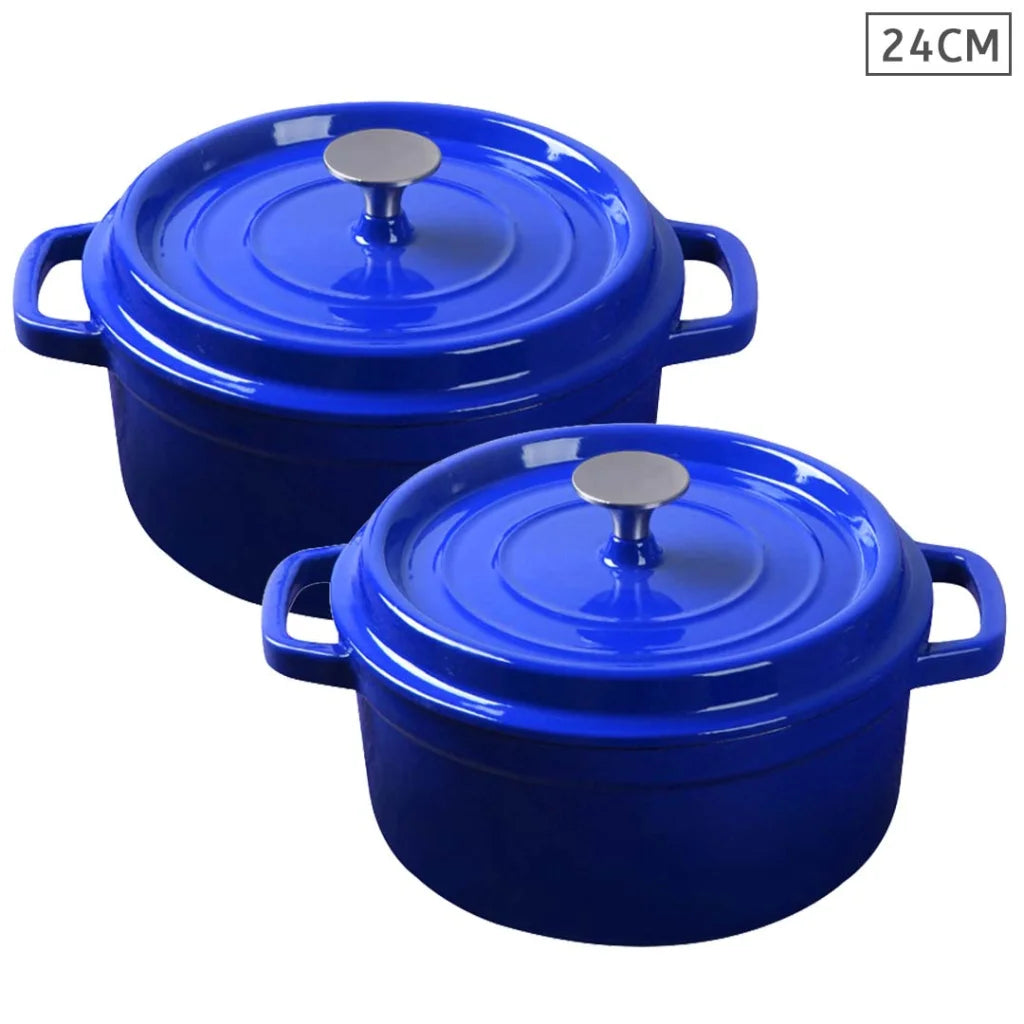 Cast Iron Stewpot Casserole Set Premium 2X 24cm Enamel Porcelain Cooking Pot with Lid - Blue