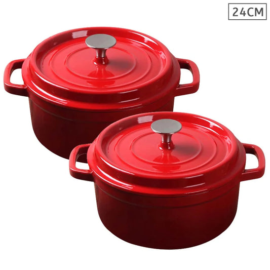 Cast Iron Stewpot Casserole Set Premium 2X 24cm Enamel Porcelain Cooking Pot with Lid - Red
