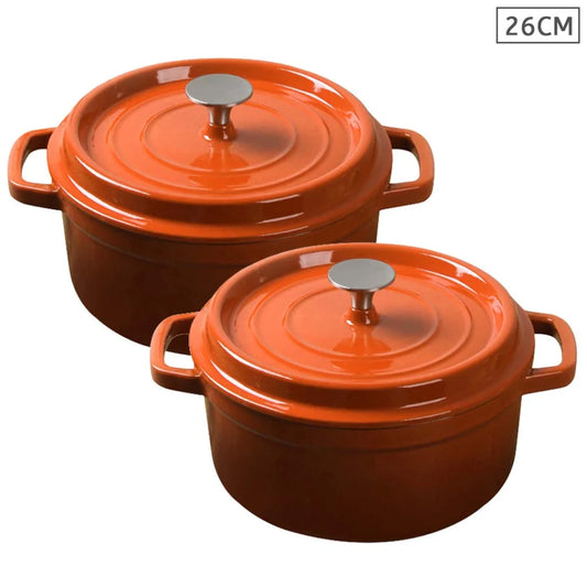 Cast Iron Stewpot Casserole Set Premium 2X 26cm Enamel Porcelain Cooking Pot with Lid - Orange