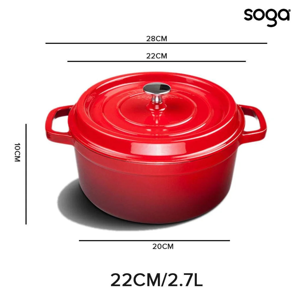 Cast Iron Stewpot Casserole Set Premium 2X 26cm Enamel Porcelain Cooking Pot with Lid - Red