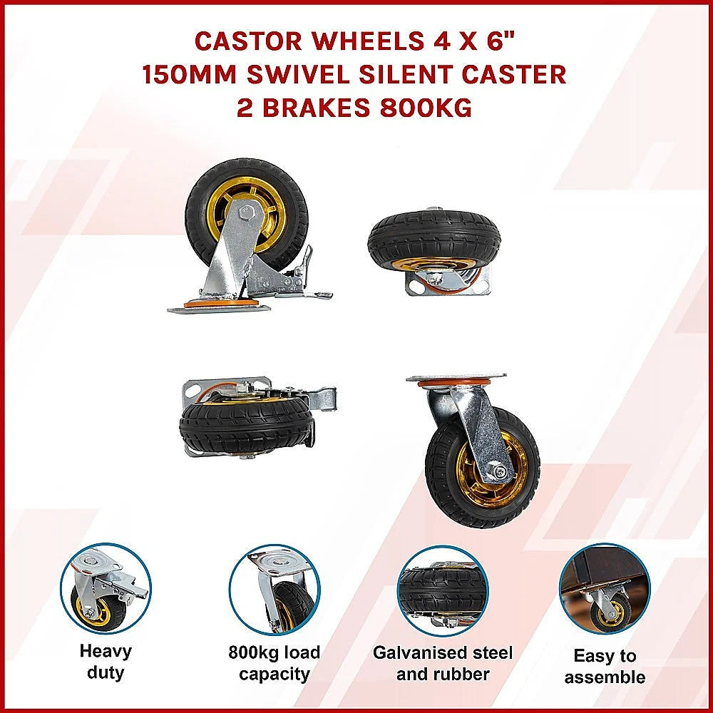 Castor Wheels 4 x 6’’ 150mm Swivel Silent C2 Brakes 800KG