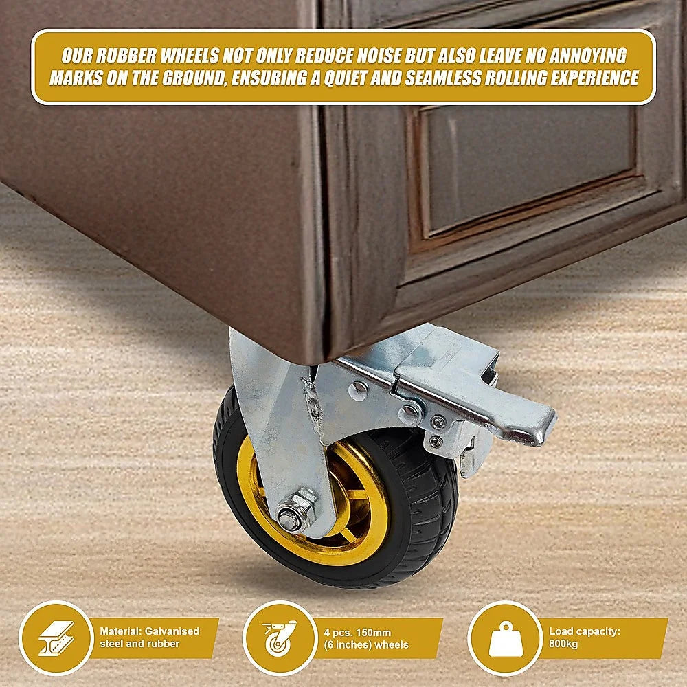 Castor Wheels 4 x 6’’ 150mm Swivel Silent C2 Brakes 800KG
