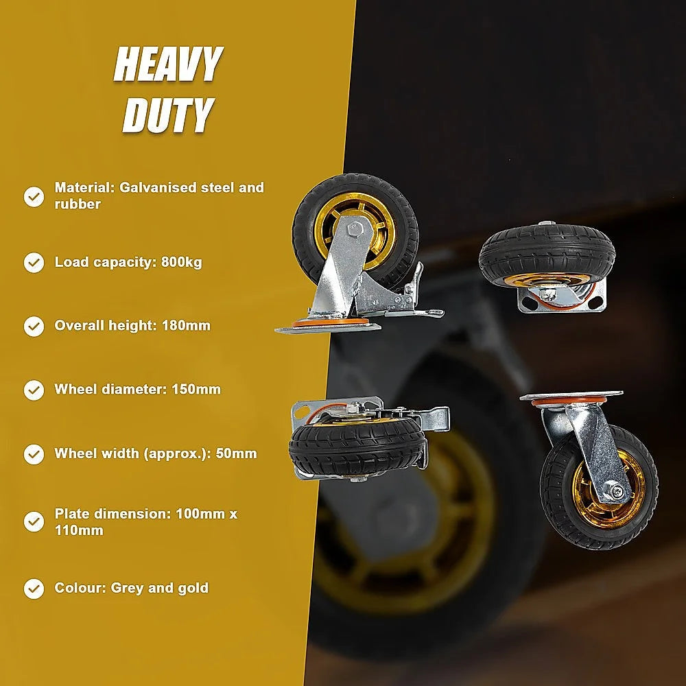 Castor Wheels 4 x 6’’ 150mm Swivel Silent C2 Brakes 800KG