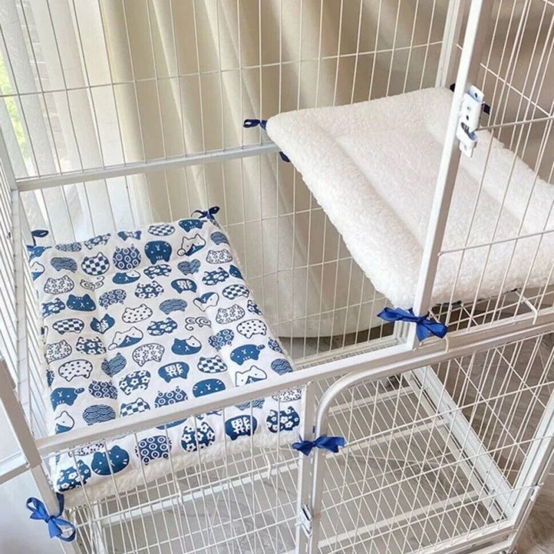 Cat Cage Platform Mat - Blue cat pattern on white