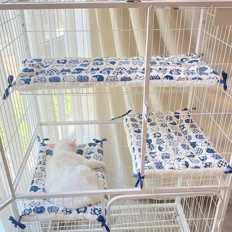 Cat Cage Platform Mat - Blue cat pattern on white