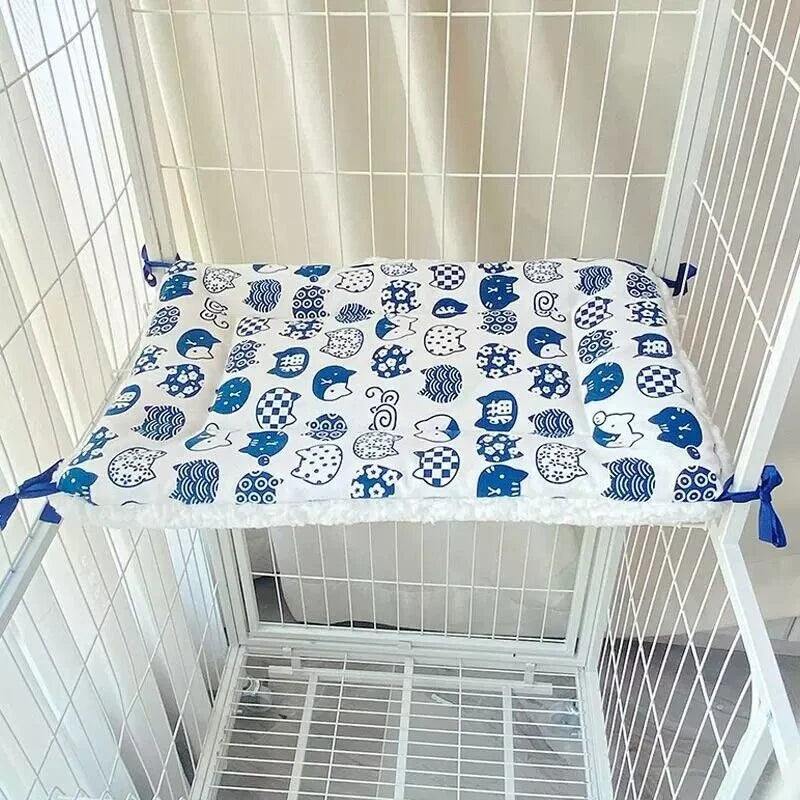 Cat Cage Platform Mat - Blue cat pattern on white
