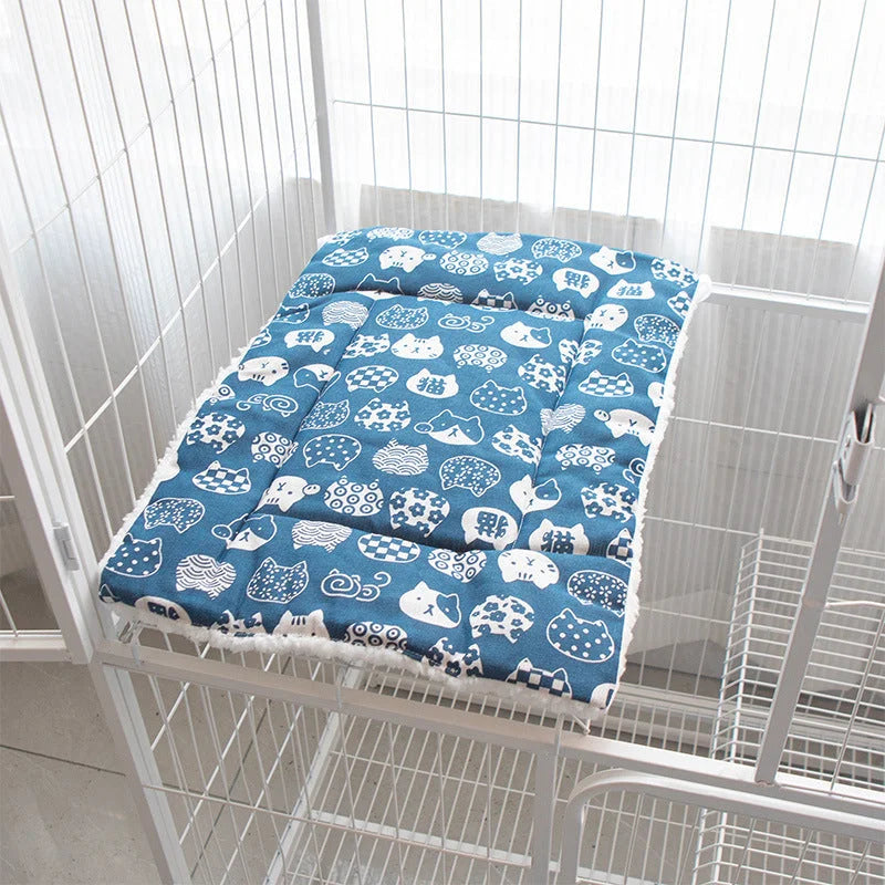 Cat Cage Platform Mat - white cat pattern on Blue
