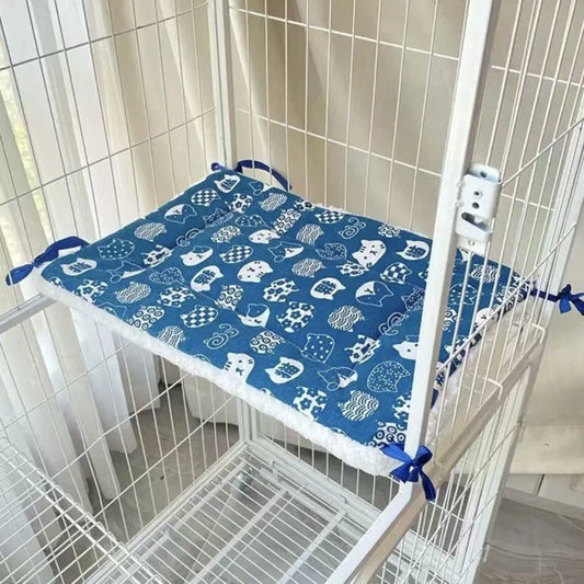 Cat Cage Platform Mat - white cat pattern on Blue