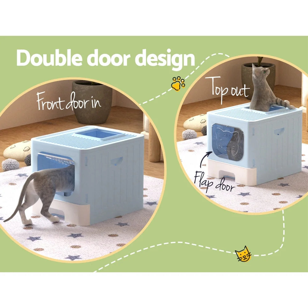 Cat litter box with large tray enclosed hooded foldable
