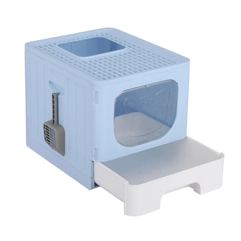 Blue cat litter box with large tray enclosed hooded