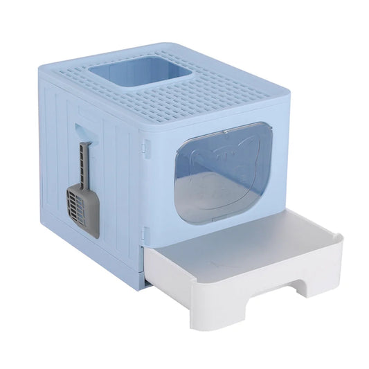 Blue cat litter box with large tray enclosed hooded