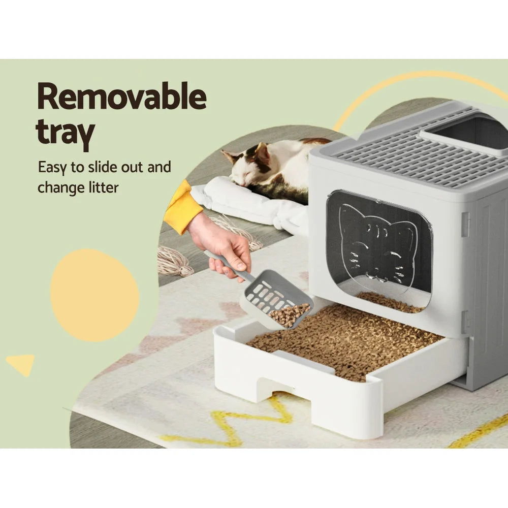 Grey cat litter box with component details and storage context