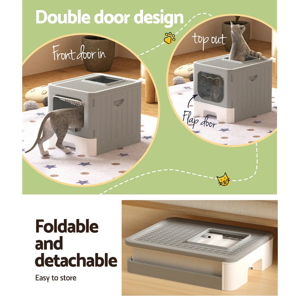 Cat Litter Box Large Tray Kitty Toilet Enclosed Hooded Foldable with Scoop